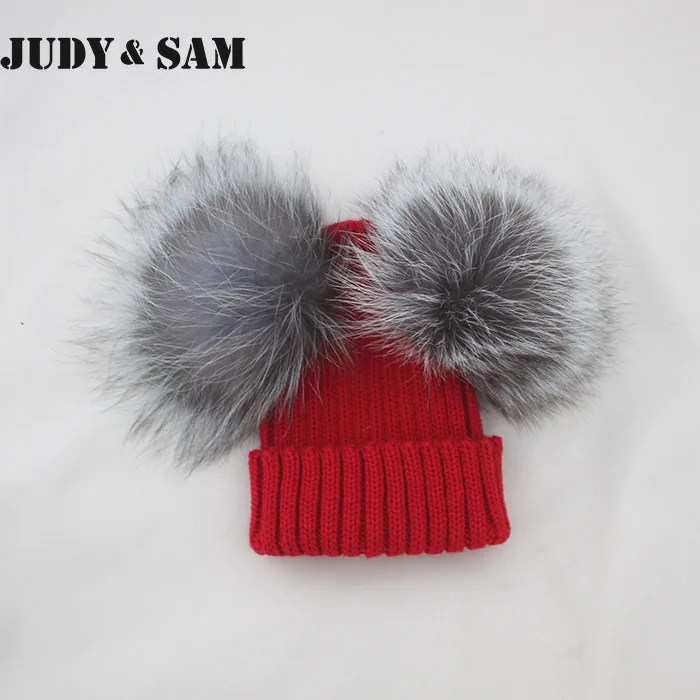 Новая стильная Зимняя шерстяная вязаная шапка для мальчиков с уникальным стильным помпоном из меха лисы для девочек - Цвет: red