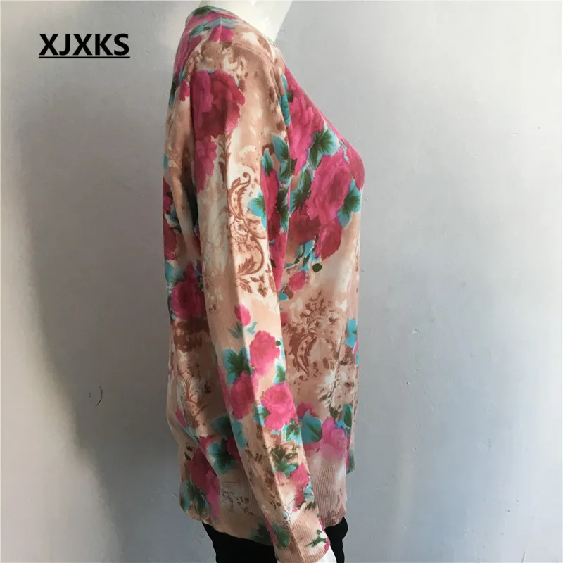 XJXKS женский модный свитер с цветочным принтом, круглым вырезом и длинными рукавами, пуловеры размера плюс, женская одежда, женские топы