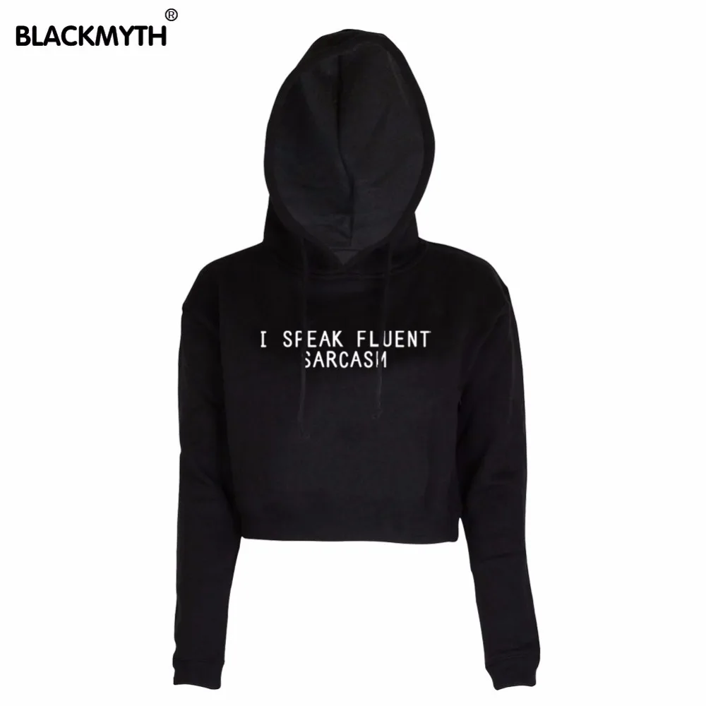 

New Casual Printing Black White I SPEAK FLUENT SARCASM Letter Hoodies O-neck Women Casual Long sleeve sweatshirt Short Crop Tops