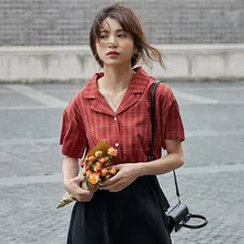 Fashion Plaid Blouse Tops V-Neck Button Up Short Sleeve Shirt Casual Loose Blouse Shirt Women Clothes blusas mulher elegantes boys roll up sleeve plaid blouse