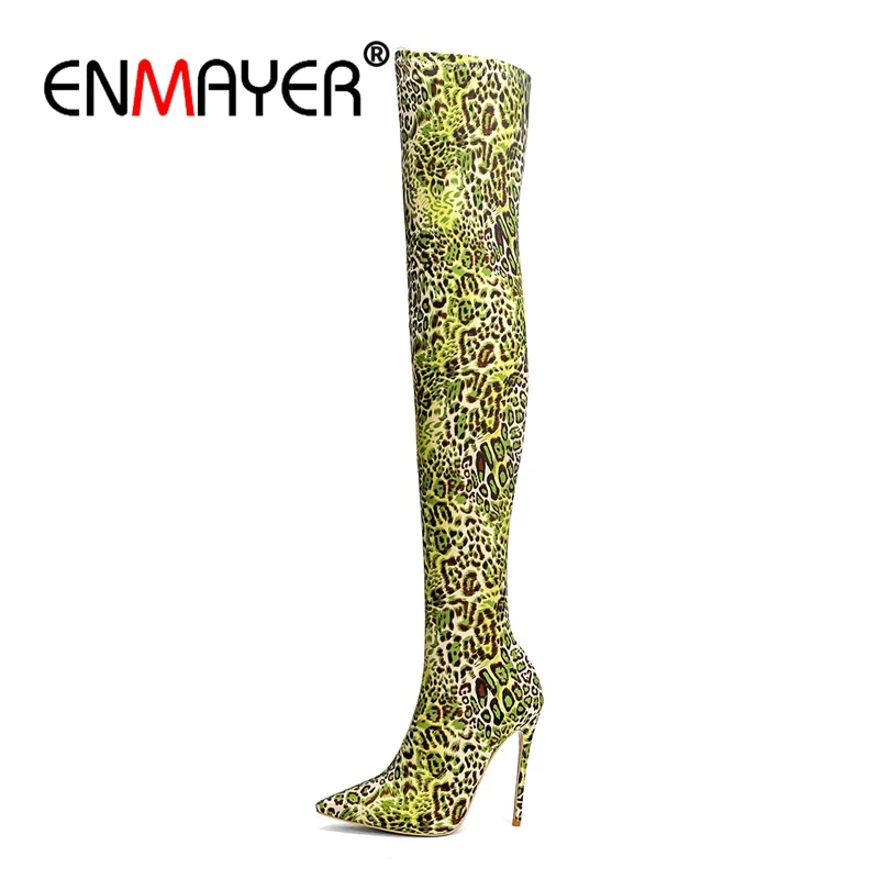 ENMAYER/женские Сапоги выше колена, зимняя женская модная обувь, высокие сапоги на очень высоком каблуке с леопардовым принтом, на тонком
