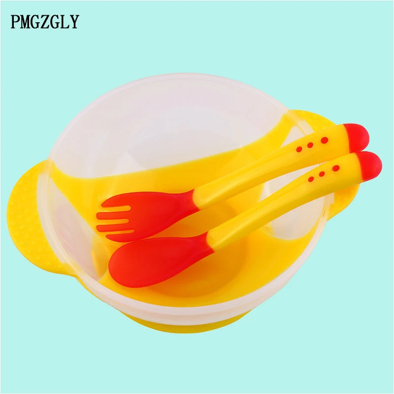 Миска для еды с чувствительной температурой, ложка для кормления ребенка, миска для кормления детей, детская посуда, обучающая посуда с присоской, помощь при кормлении - Цвет: Dishes Yellow