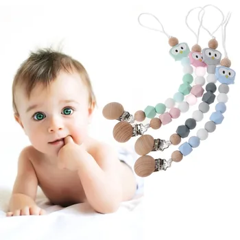 

Owl Silicone Teething Pacifier Clips With Safe Wooden Beads Pacifier Chain Holder For Nipples Baby Chew Toys
