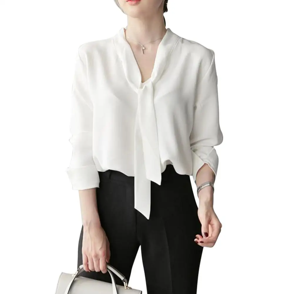 

2019 New Yfashion Women Elegant Chiffon Bowknot Concise Solid Color Tops