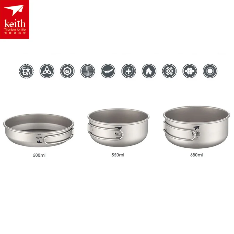 Keith 3 unids portable que acampa Titanium sartén saludable olla Utensilios de cocina bowl con cubierta al aire libre plegable manija pan ti6053