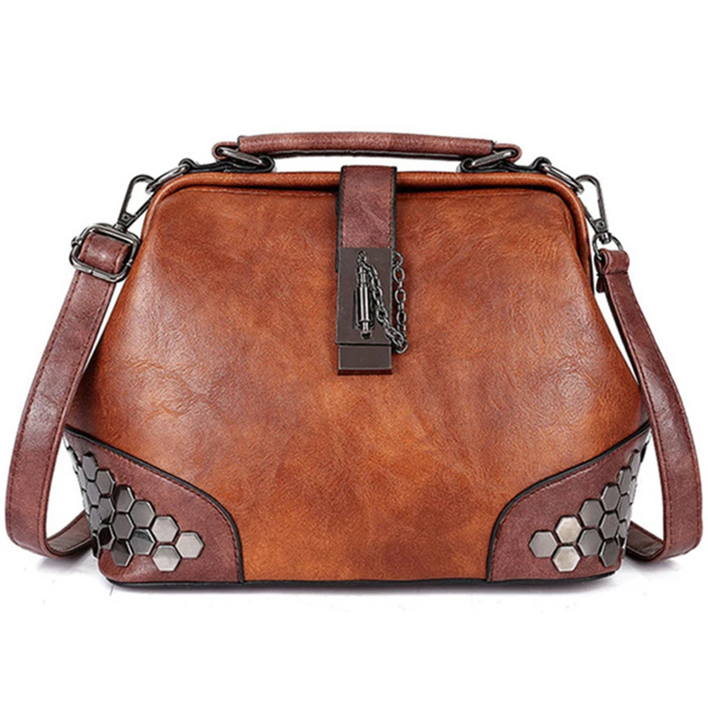 

Woman Handbag Leather Small Doctor Bag Woman Shoulder Bag Female Crossbody Handbag Lock Chain Rivets Girls Vintage Woman Bags