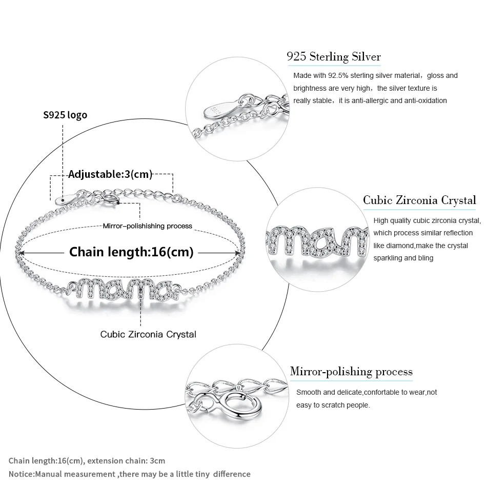 BELAWANG простой браслет из стерлингового серебра 925 пробы для женщин австрийский кристалл подвеска с надписью мама Браслет вечерние ювелирные изделия подарок на день матери