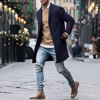 

INCERUN Winter Fashion Men Trench Coats British Style Long Sleeve Overcoat Solid Button Streetwear Men Jackets Windbreaker S-5XL