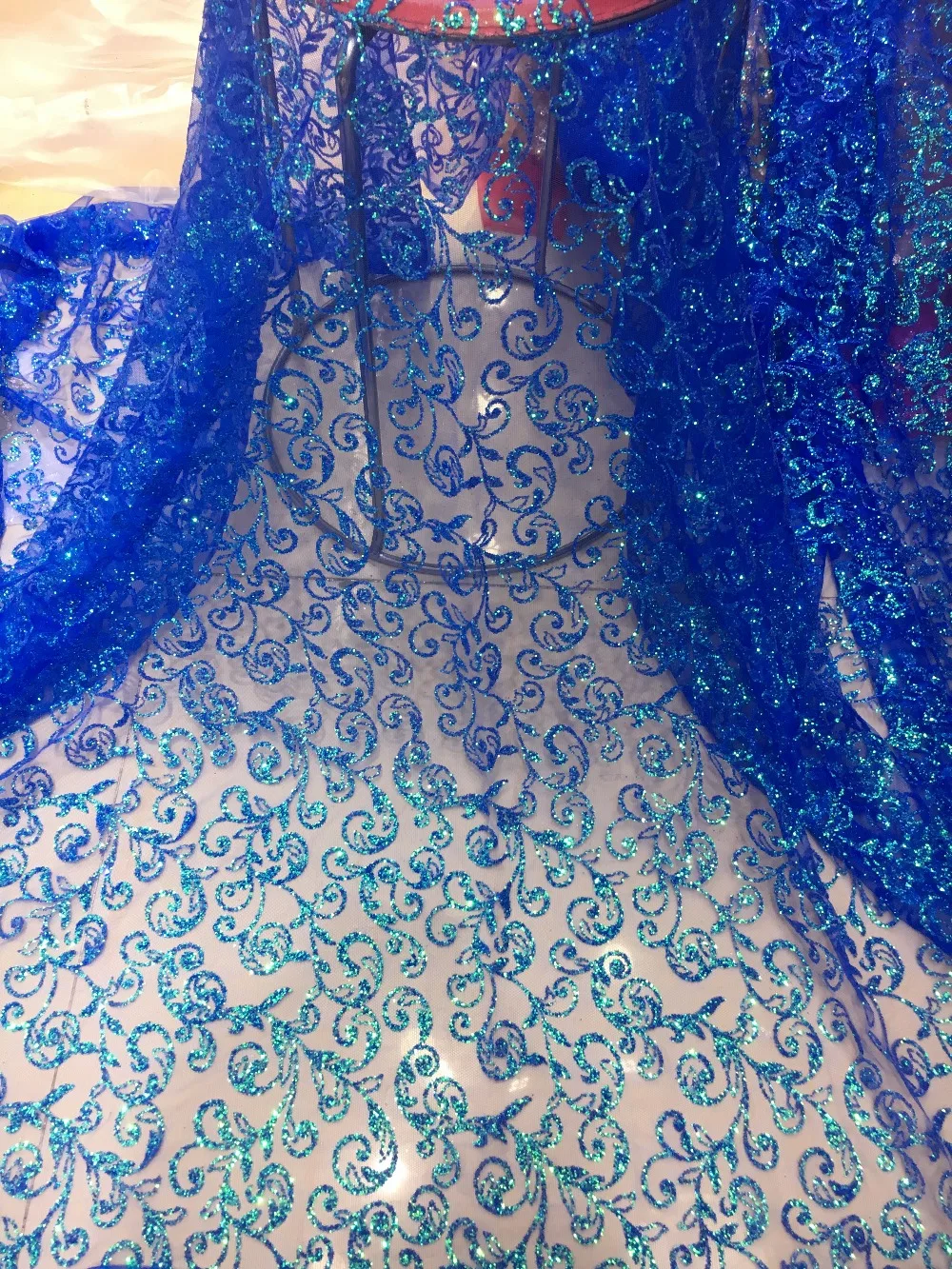 

Wedding African Lace Fabric with glitter sequins H-70706 high quality Nigerian Lace Fabric with sequins fabric in blue color