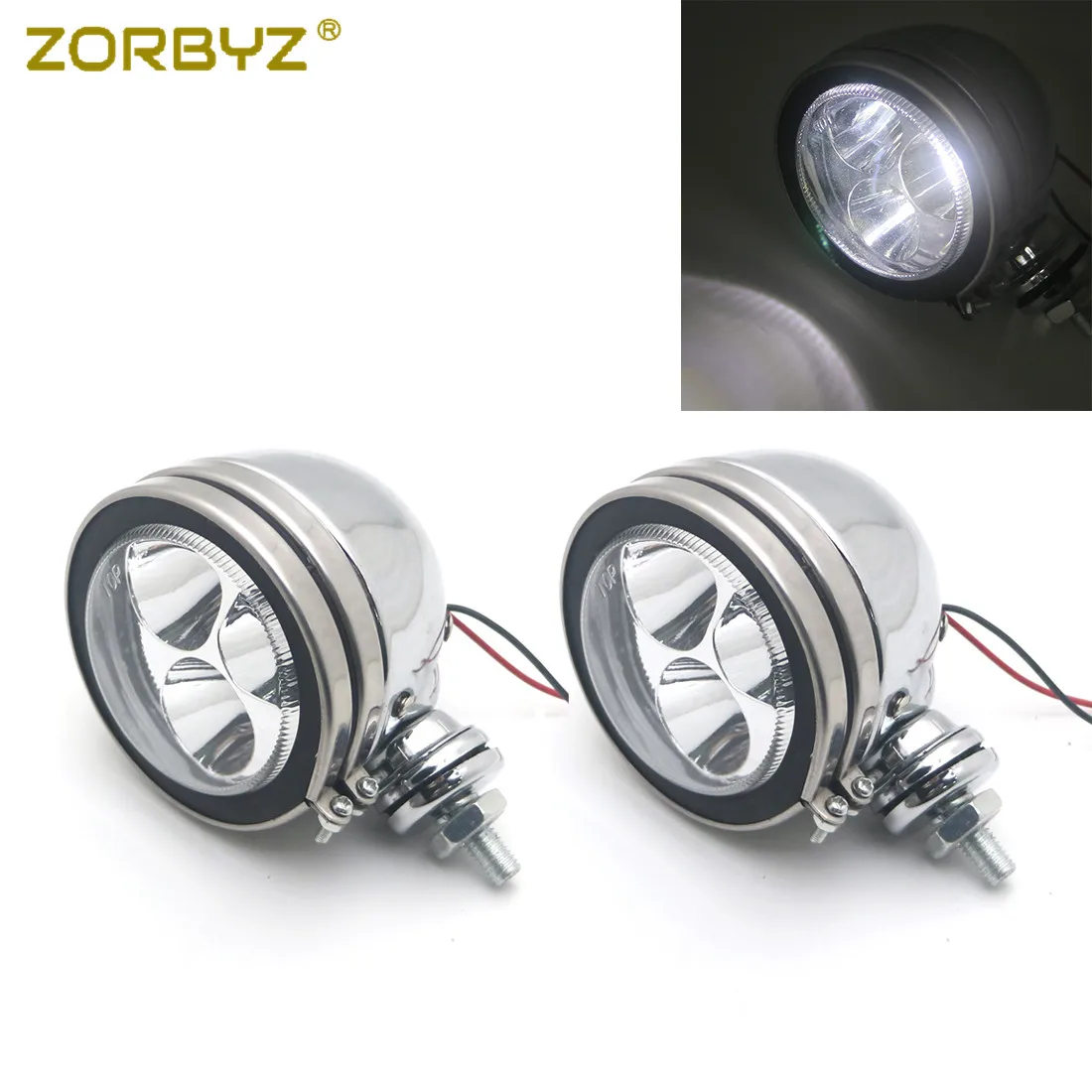 

ZORBYZ LED Chrome Retro Fog Light Spot Passing Driving Head Light For Suzuki Harley Cafe Racer Bobber Chopper Vintage Motorcycle