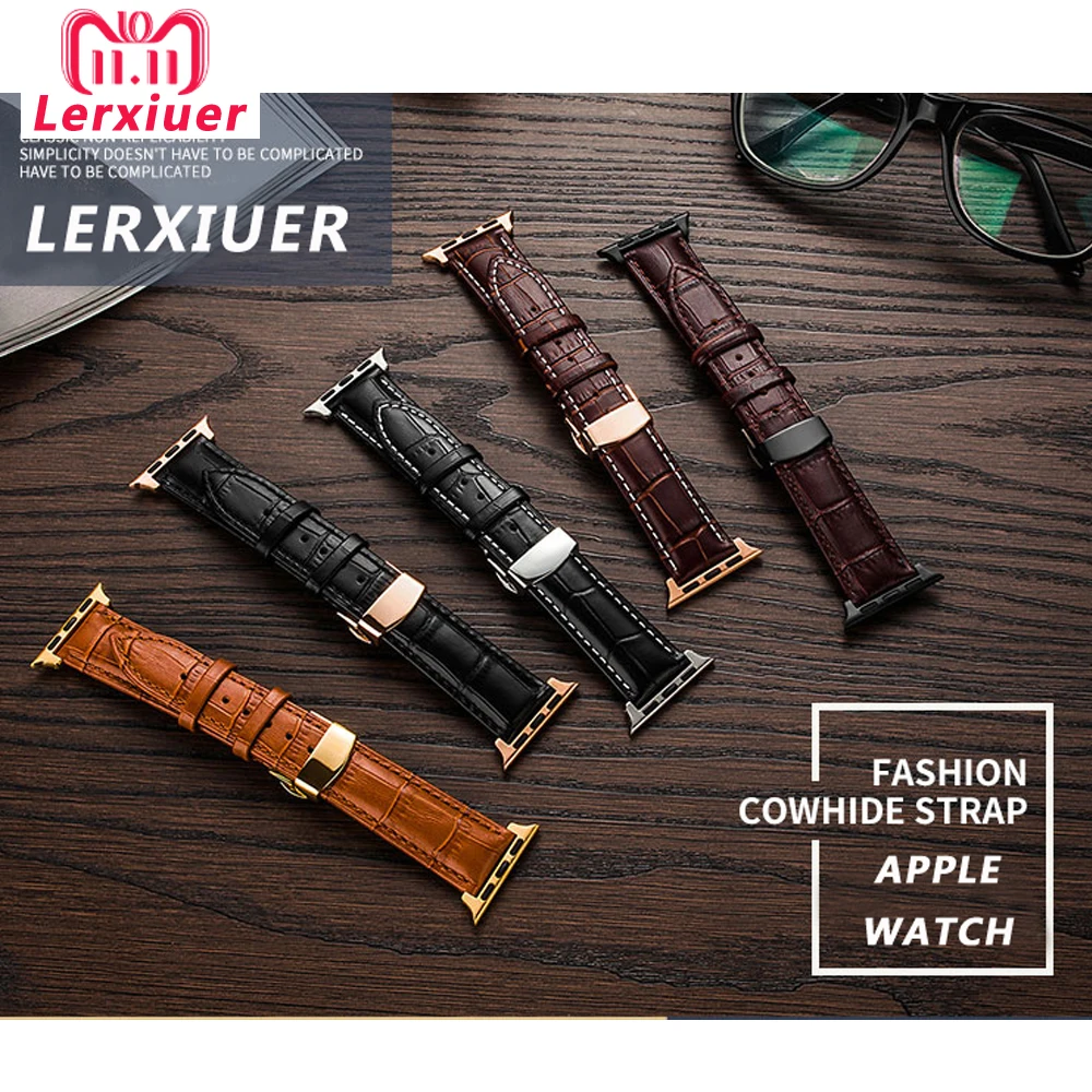 Leather strap For Apple watch band 4 3 iwatch band 42mm 38mm 44mm 40mm Accessories correa Butterfly buckle bracelet belt