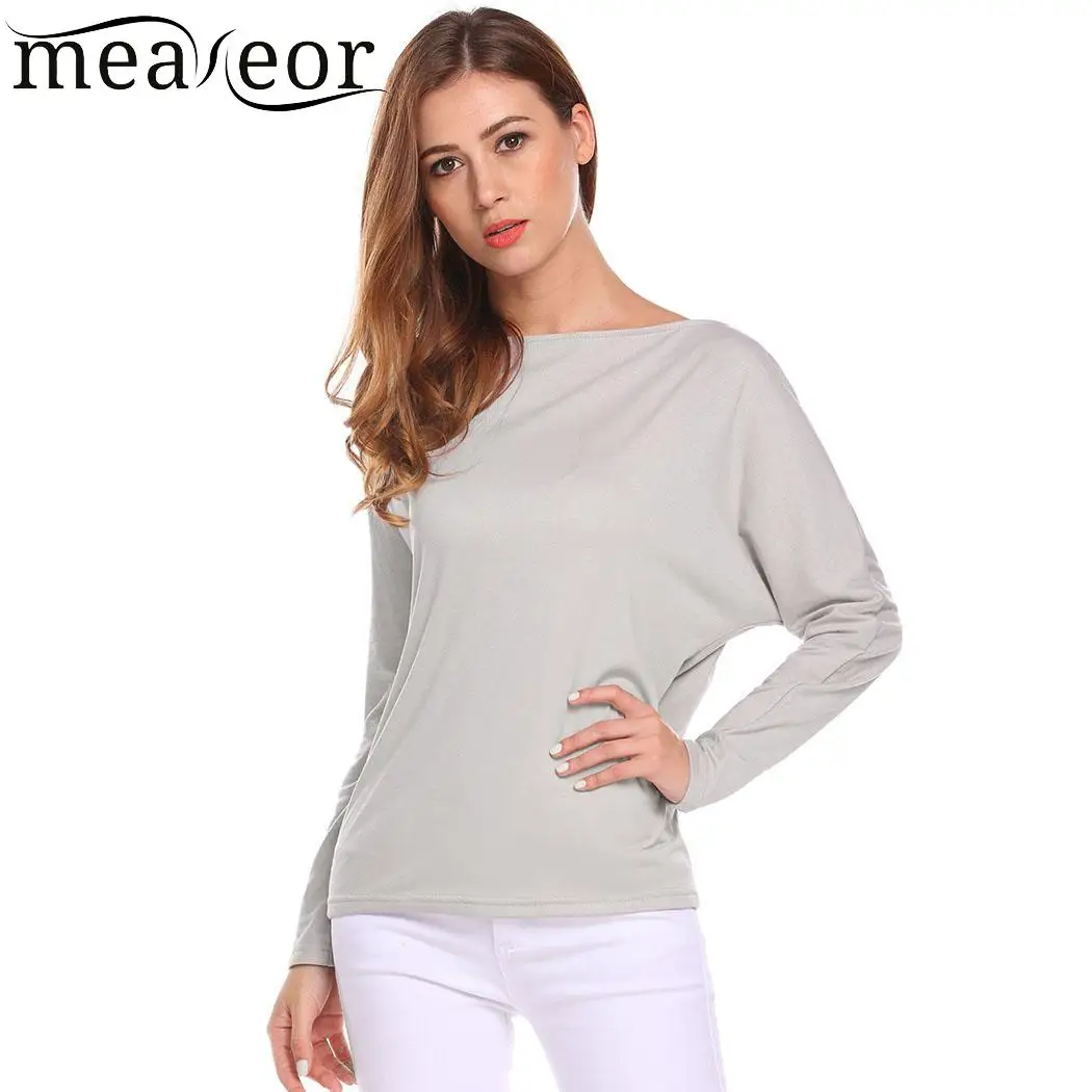 

Meaneor Fashion Women T Shirts Boat Neck Bat Sleeve Long Sleeve Tee Tops Solid Autumn Shirts Tees Soft Casual Female T-Shirt
