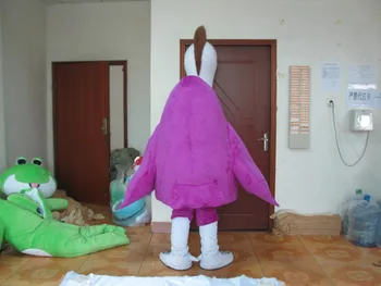 

Likable White Ostrich Tallstrider Bird Mascot Costume With Purple Wings Long Neck Blue Kerchief White Feet