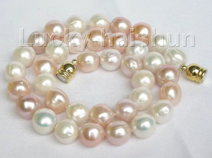 

FREE shipping>>>>>> baroque 17" 12mm round white pink freshwater pearls necklace magnet clasp j7840