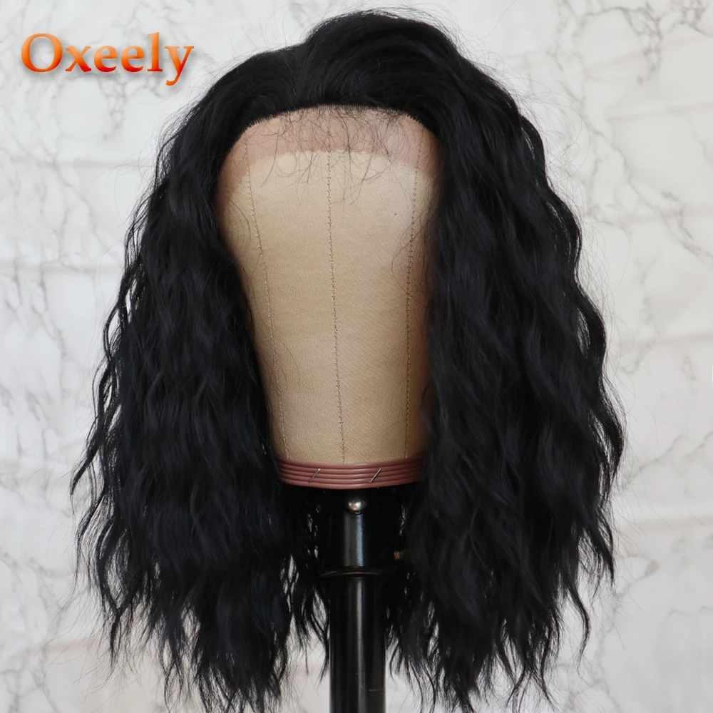 Oxeely короткий Боб кудрявый синтетический парик на кружеве бесклеевой натуральный черный парик Термостойкое волокно свободный кудрявый боб парик для женщин