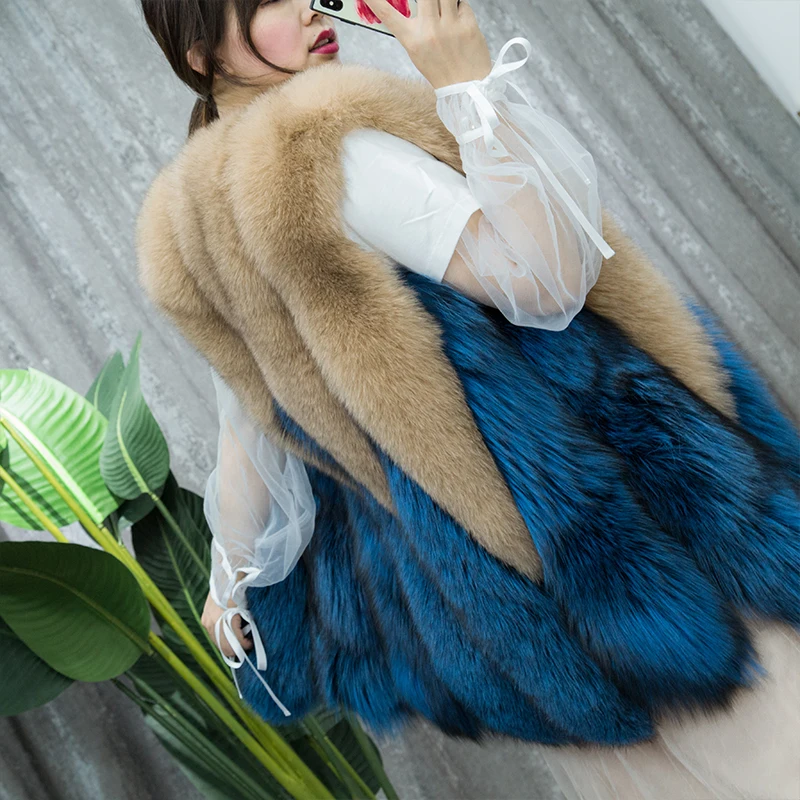 

Large Drop Design Celebrity Color Genuine Fox Fur Coat Girls Chic Blue Silver Fox Fur Waistcoat Women Party Knitted Fur Gilets