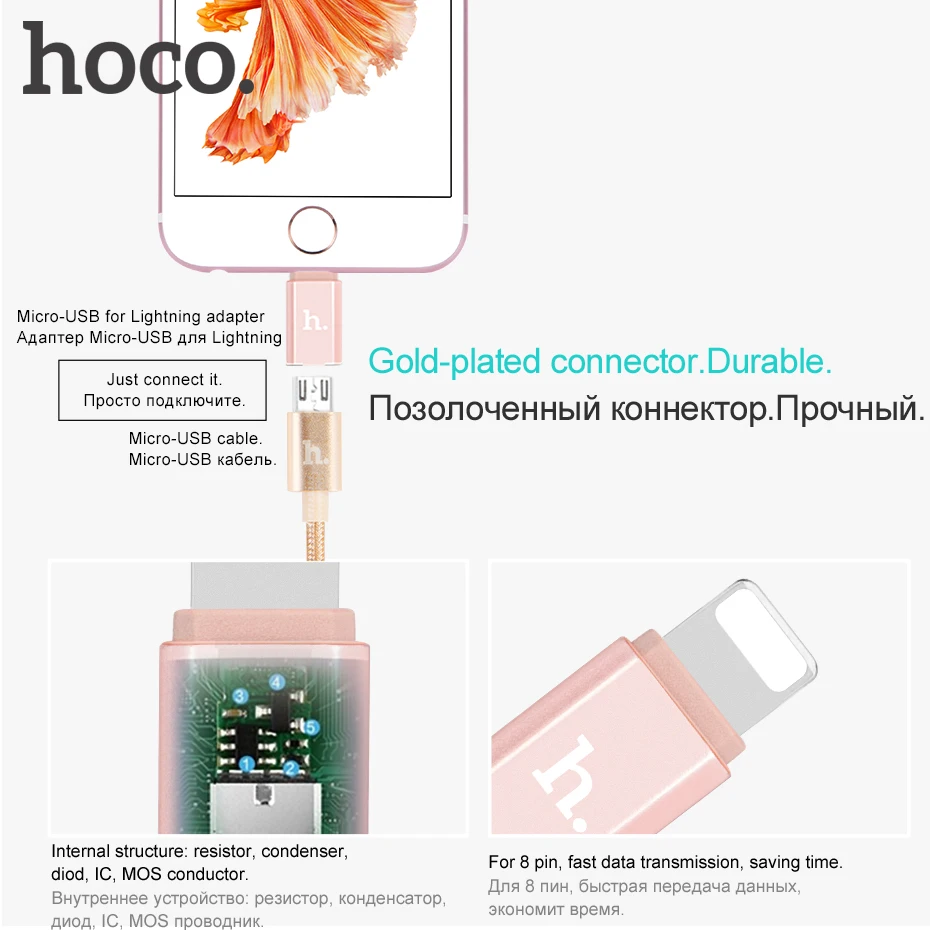 Адаптер HOCO с Micro USB на Lightning переходник Мама папа из алюминиевого сплава OTG