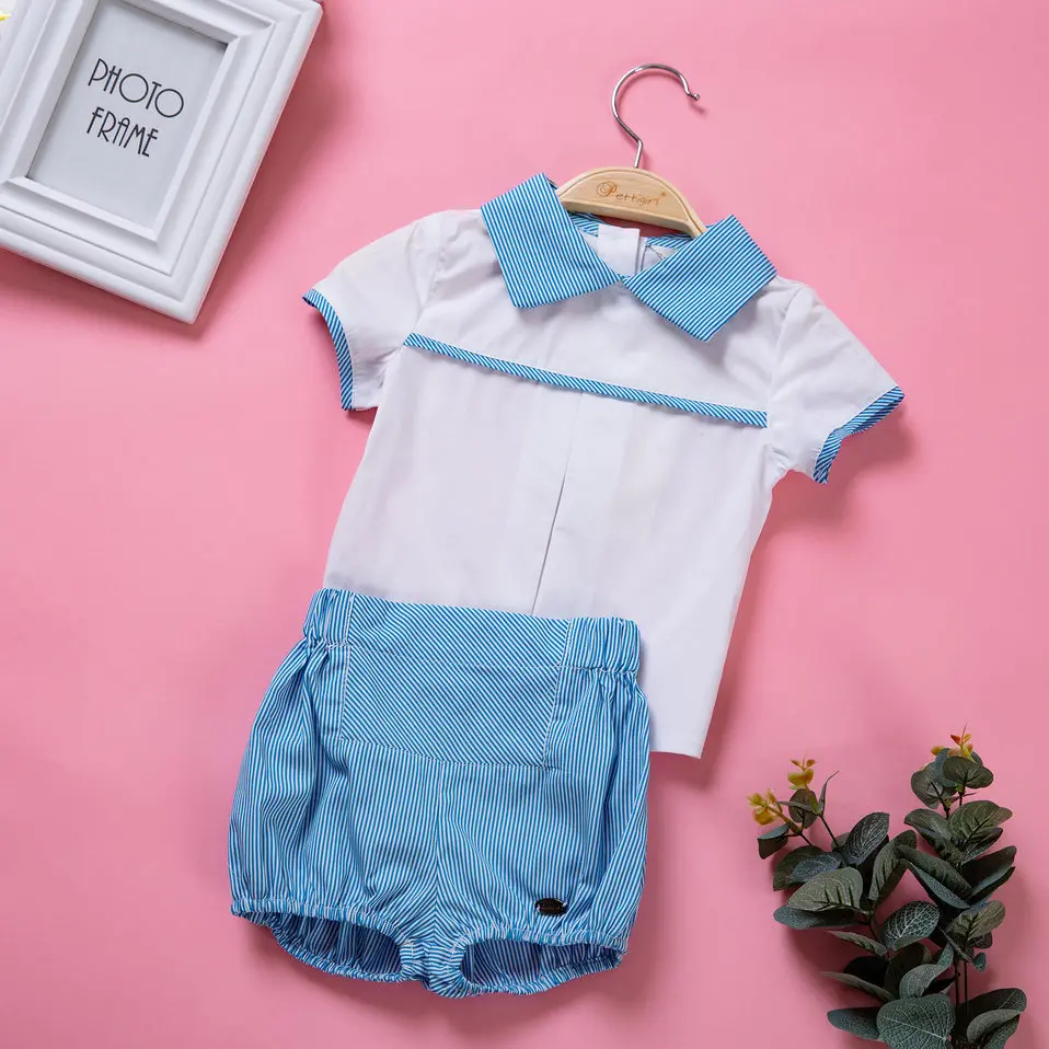 Pettigirl Short Sleeves Baby Boy Clothing Sets With White T shirt and Blue Casual Shorts