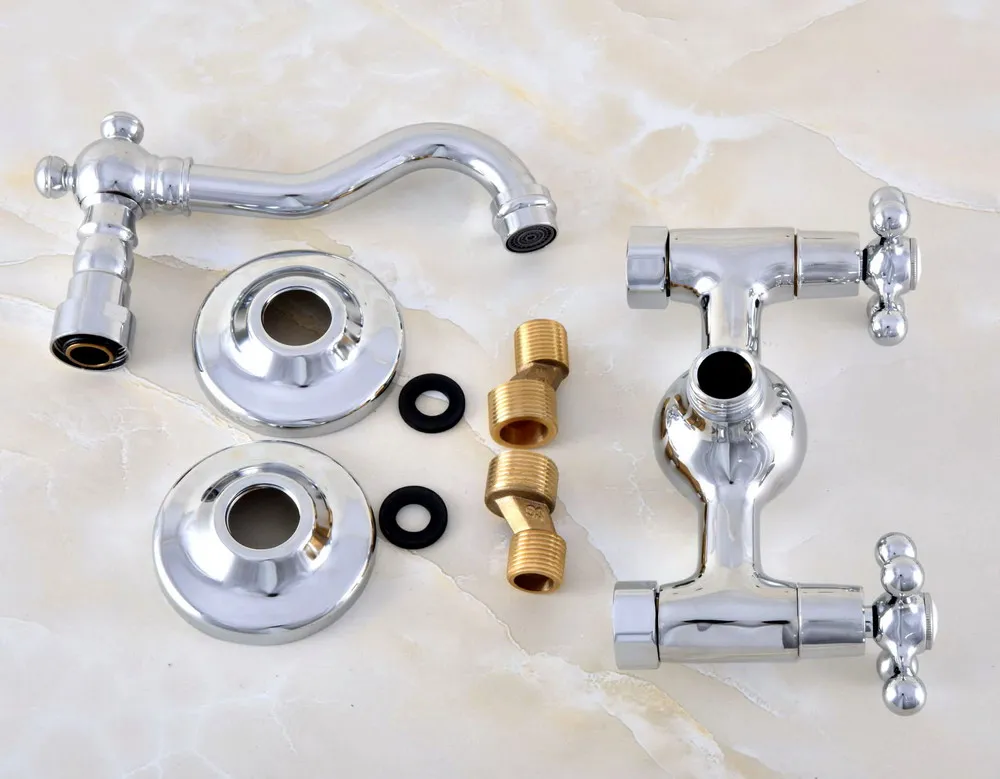 Modern Polished Chrome Brass Wall Mounted Bathroom Basin Kitchen Sink Faucet Swivel Spout Mixer Tap Dual Cross Handles anf583