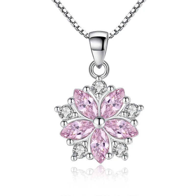 

100% 925 Sterling Silver Fashion Shiny Crystal Cherry Blossom Ladies' Pendant Necklace Women Box Chain Jewelry Birthday Gift