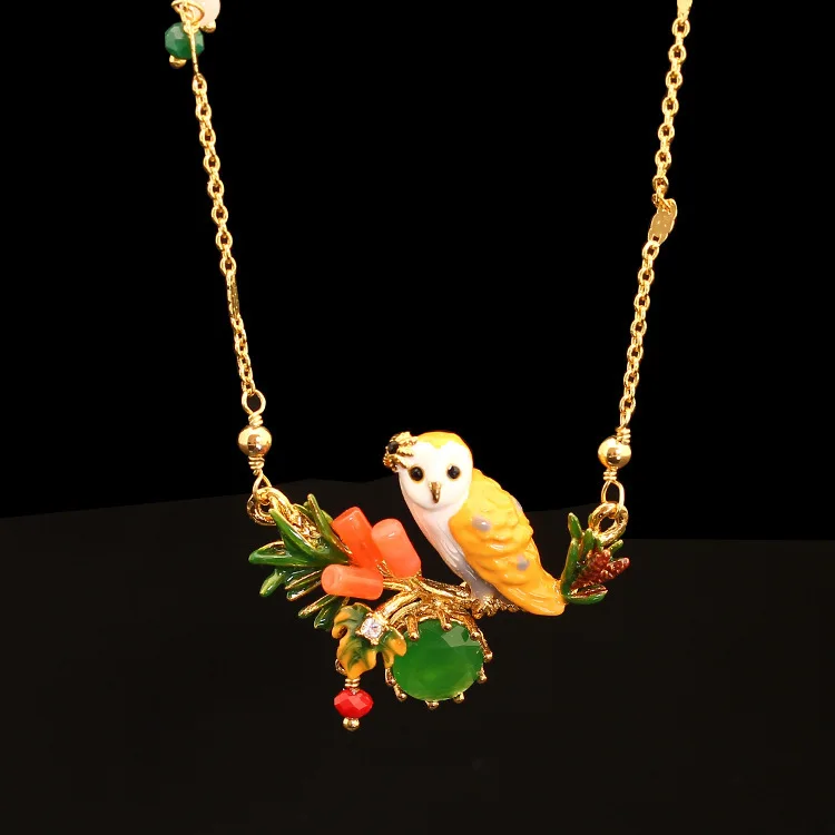 

France New Pattern Enamel Snow Owl Crystal Glaze Owl Necklace Plated Really Gold Prevent Allergy Women J