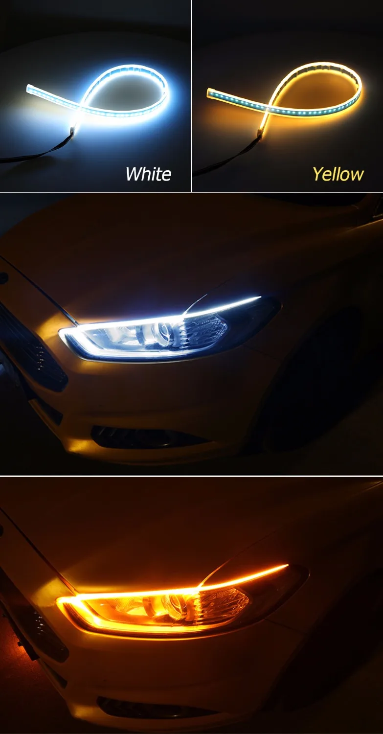 2X 45cm LED Strip Light Waterproof Slim Flexible Turn Signal DRL Running Light White and Yellow Flowing Daytime Running Lights