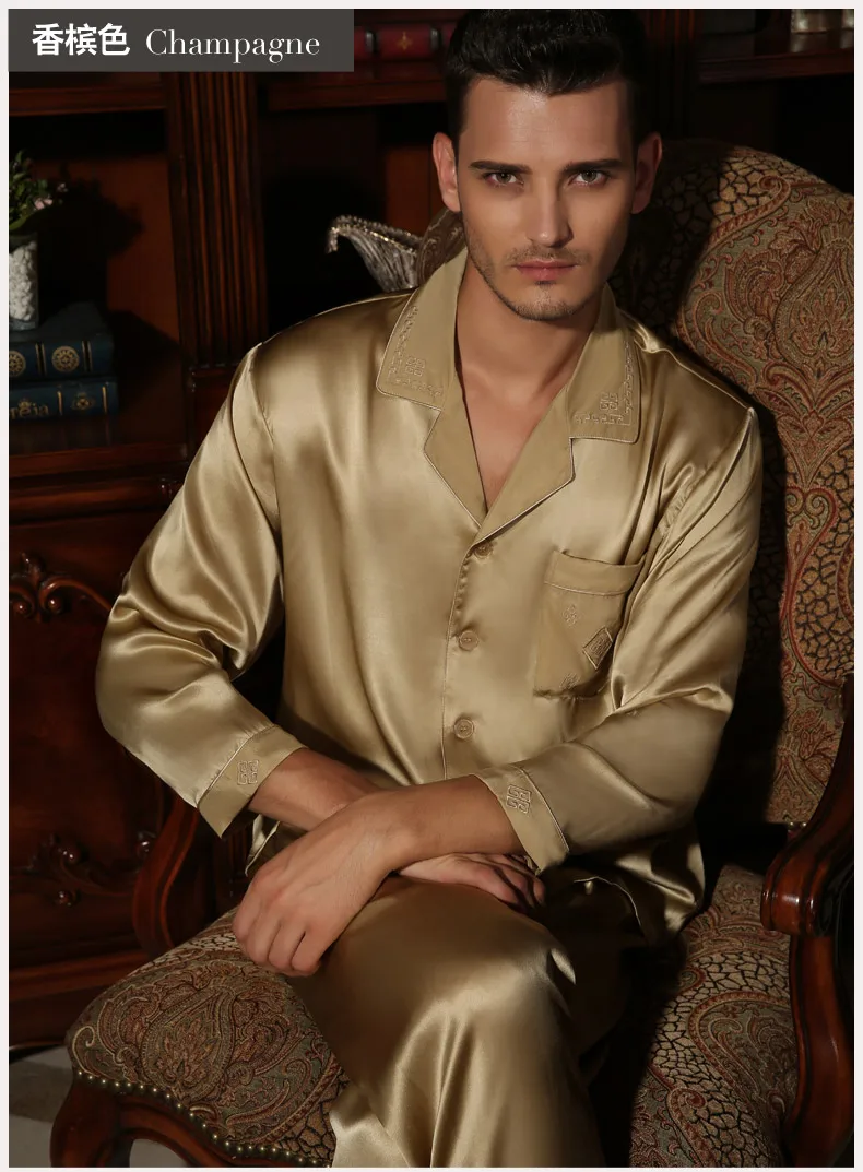Мужская шелковая одежда для сна качественные осенние пижамные комплекты из 2 предметов с длинными рукавами для мужчин 5A Mulberry Silk Twinset L/XL/XXL