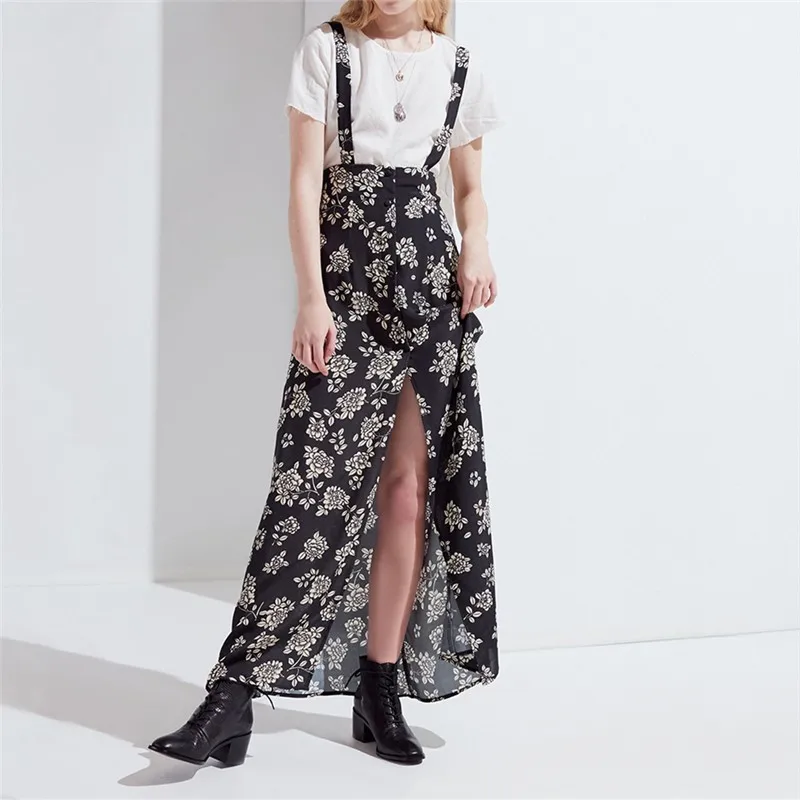 

Summer Western Style Fashion Slim Lady Print Floral OL SML XL XXL High Waist Woman's Casual Long Splits Skirt Suspender Skirt
