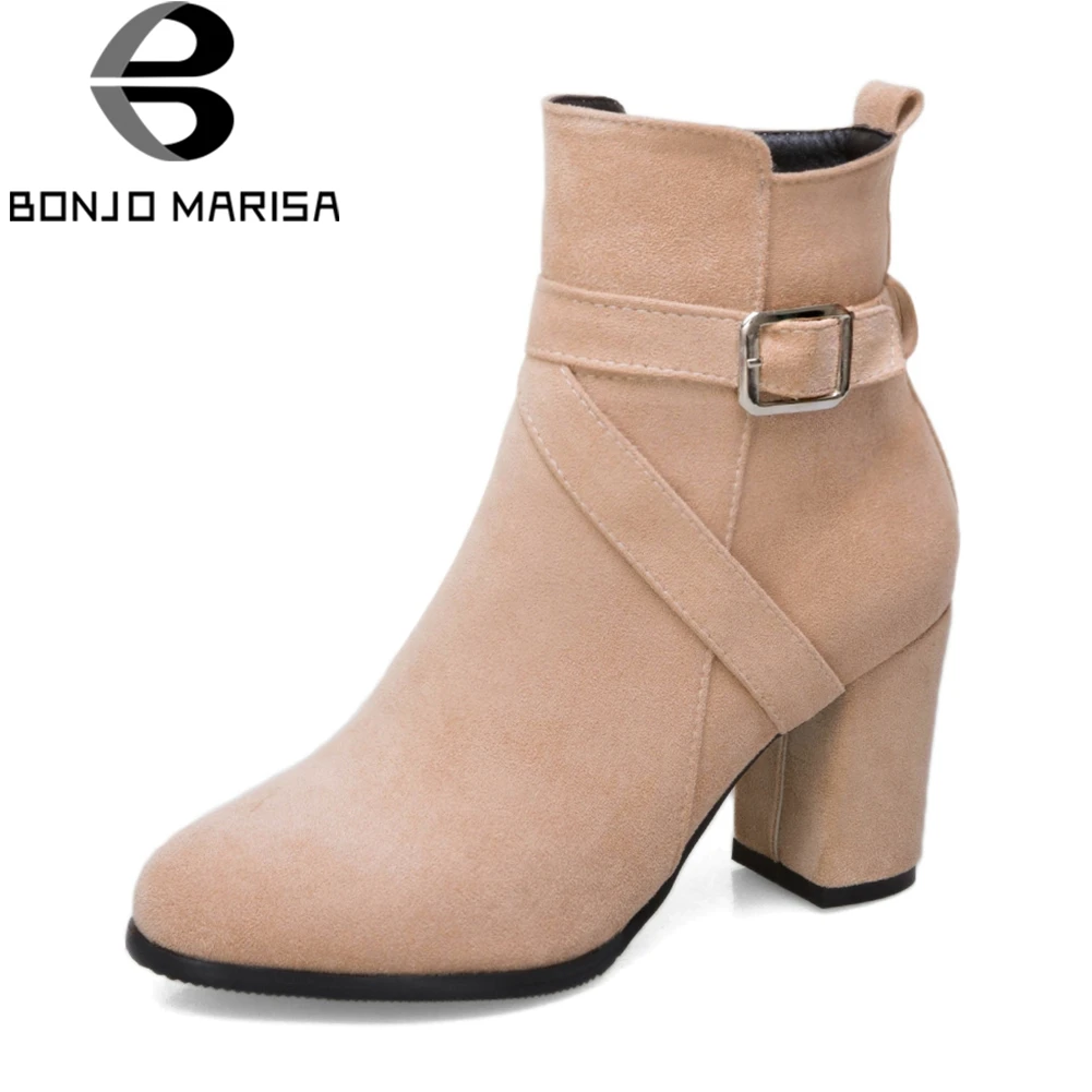 

BONJOMARISA Plus Size 33-52 Elegant Buckle Strap Decorating Ankle Boots Women Autumn 2019 High Heels Shoes Woman