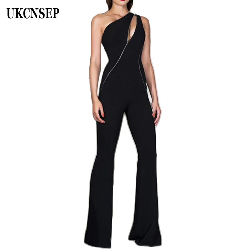 UKCNSEP Solid Black Sleeve Jumpsuits Fashion Full Length Backless