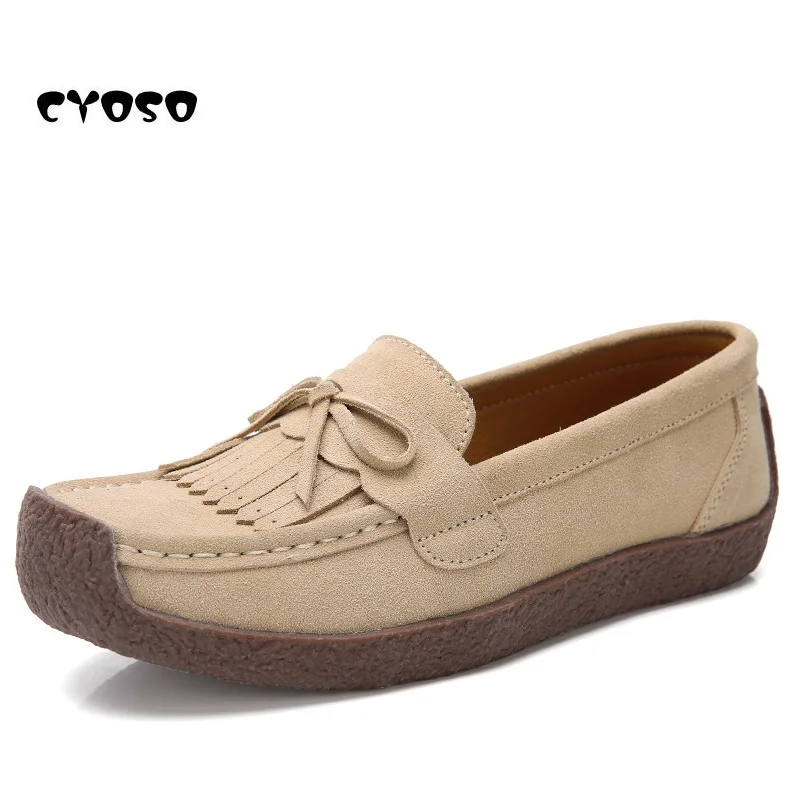 

CYOSO 2019 Fashion Spring Genuine Leather Women Shoes Non-slip Soft Women Flats Fringed Slip on Ladies Loafer Large Size Flat