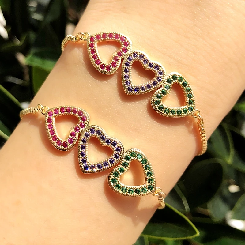 

Multi Color Cubic Zirconia Love Heart shape Bracelet Gold Color Copper Adjustable CZ Cuff Bangle Bracelet For Women Accessories