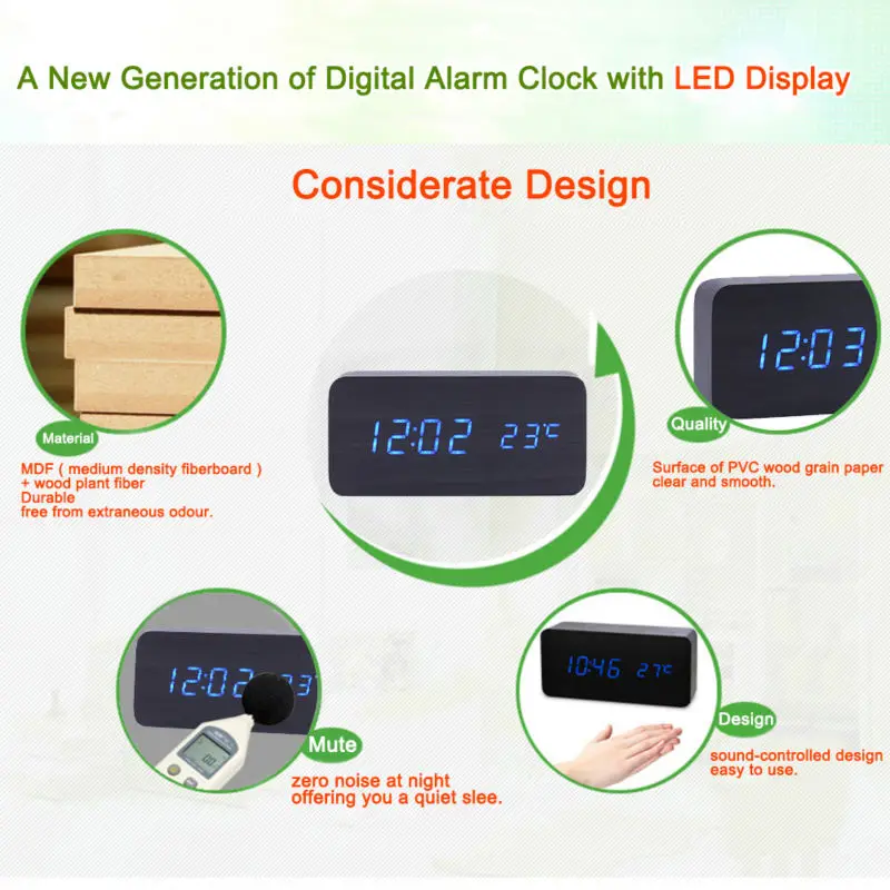 Настольные Цифровые часы со светодиодный подсветкой прикроватная тумбочка для спальни деревянные часы настольные Звуковое управление светодиодный термограф хороший подарок