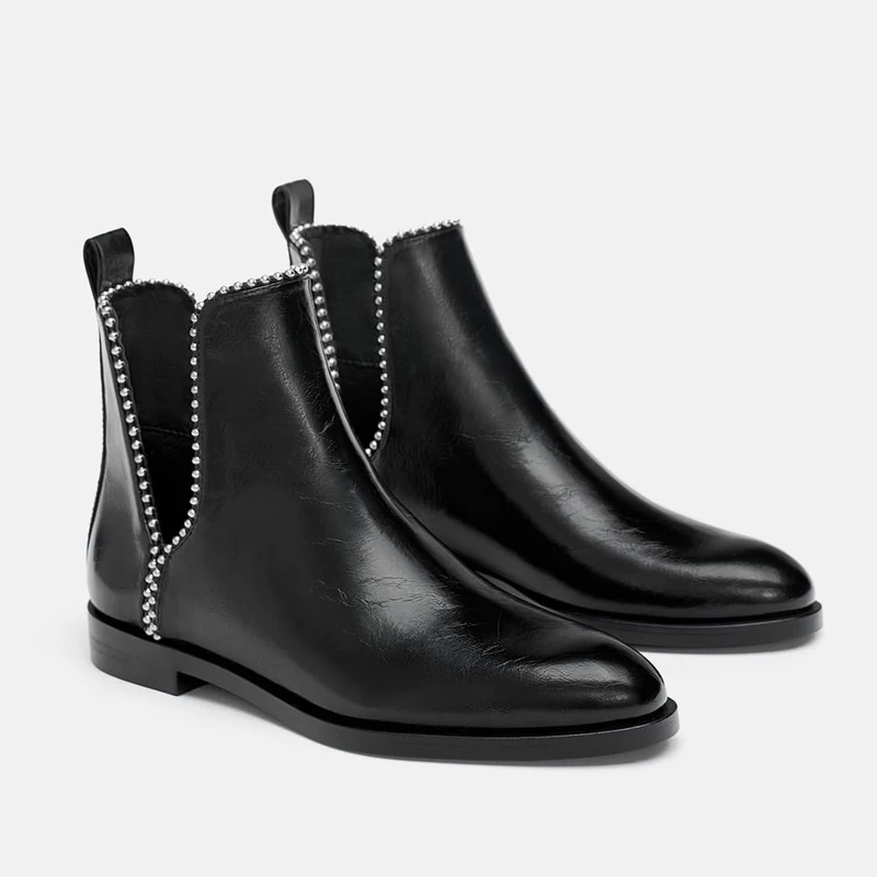 Baimier Botas de cuero con remaches plateados para mujer, botines de tacón  bajo con punta redonda, sin cordones, color negro|Botas hasta el tobillo| -  AliExpress