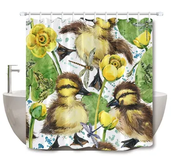 

LB Cute Duck Dragonfly And Water Lily Watercolor Shower Curtains Bathroom Curtain Waterproof Washable Fabric For Bathtub Decor