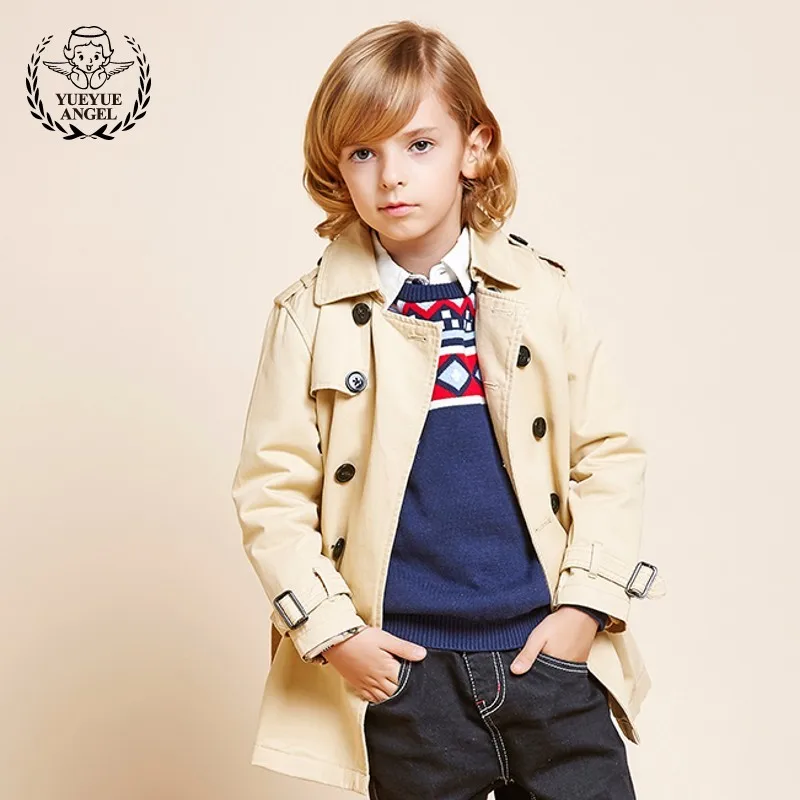 

3-12 Years Old Boys Trench Coat New Brand British Cotton Belt Long Windbreaker Boy Beige Turndown Collar Childrens Jacket 3-12T