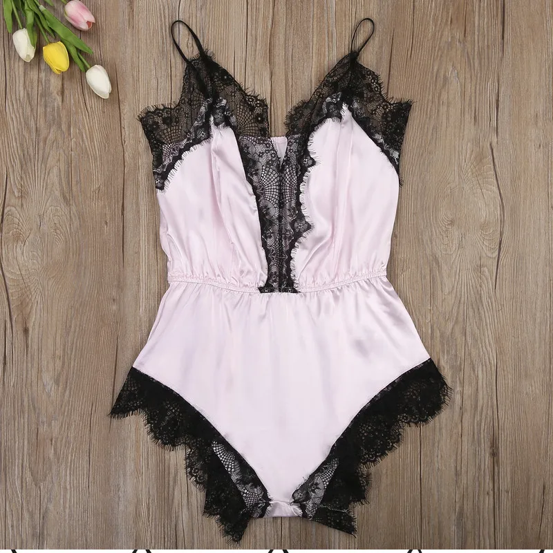 

2019 Hot Lace Sleepwear Bodysuit Sexy Lingerie Womens Nightwear Babydoll V Neck Sleepwear Bodysuit Homewear Strappy