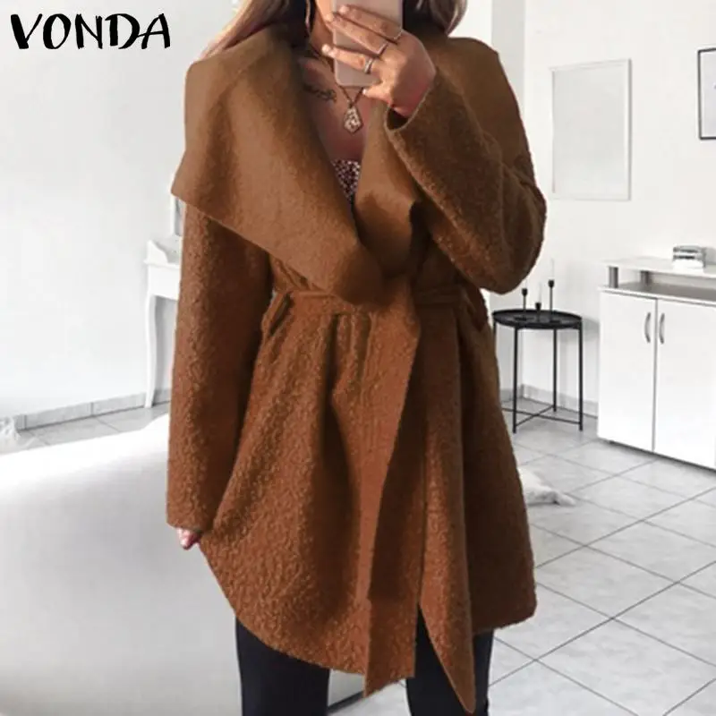 Finest VONDA Plus Size Women Coat Sexy Lapel Neck Fuzzy Belted Jackets 2019 Autumn Jackets Office Ladies O