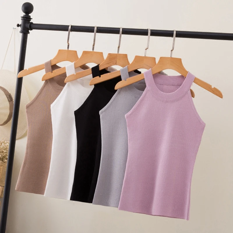 Summer Women Slim Knitting Halter Camisole Tops Female Bodycon Knitted Tanks Sleeveless Basic Solid T shirts 8017 black camisole