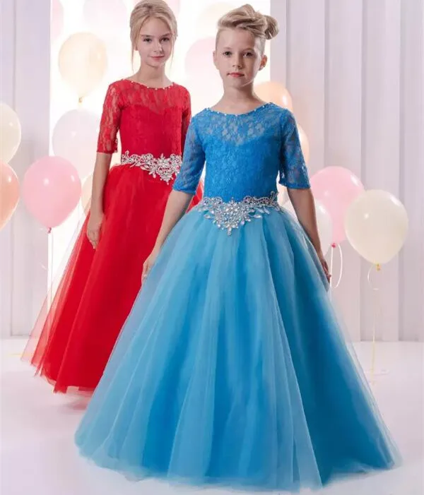 

Half Sleeve Lace 2018 Ball Gown Flower Girl Dresses Lace Beaded Child Pageant Dresses Beautiful First Communion Dress