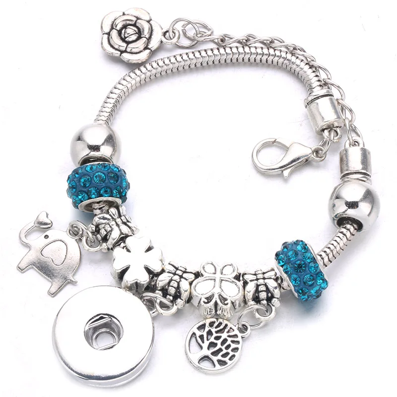 Посеребренный DIY браслет на кнопке, подвеска на цепочке с кристаллами 18 мм, кнопки для женских аксессуаров, A46-3 - Окраска металла: lake blue