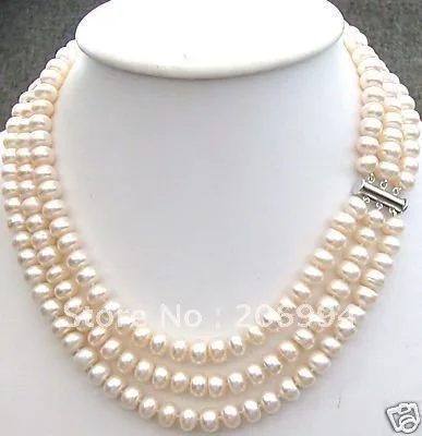 

Natural 3 rows 6x8mm cultured cream freshwater pearl necklace choker pearl jewelry fashion jewellery