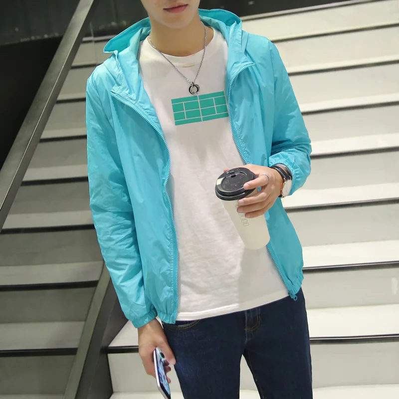 

Men Solid Sun Protective Coat Thin Slim Fit Hooded Zipper Long Sleeves Coat XIN-Shipping