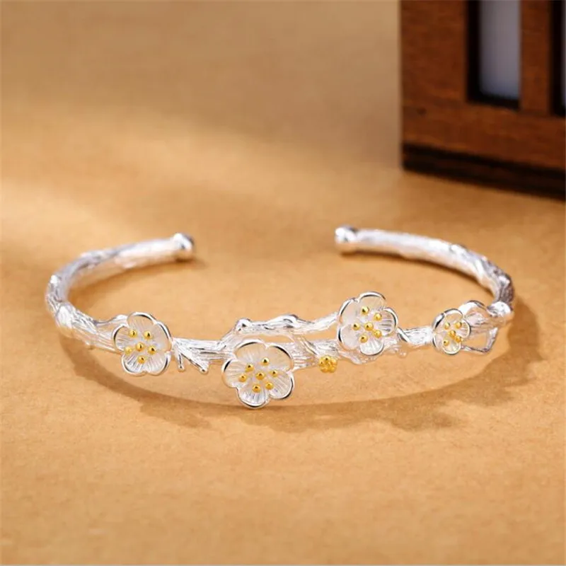 

New Beautiful Fashion Jewelry Bracletes Flower 925 Sterling Silver Cherry Flower Blossom Branches Allergy Opening Bangles B14