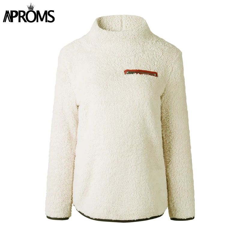 Aproms Soft Teddy Turtleneck Hoodies Women Casual Solid Zipper Sweatshirt Pullover Cool Girls Streetwear Warm Tracksuits Jumper