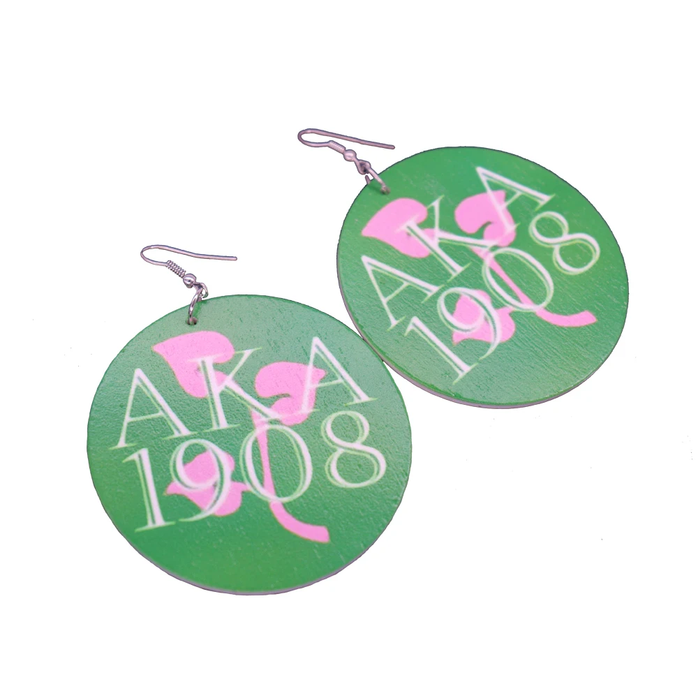 

Newest Arrival Pink Green 1908 AKA Painted Greek Letter Sorority Natural Wood Earrings Sisterhood Women Group Jewelry
