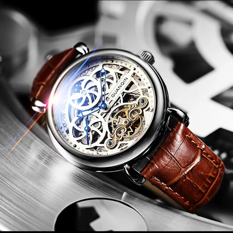 الهيكل العظمي ووتش GUANQIN أزياء كبير ساعة مزدوجة الرجال 10bar السباحة التلقائي ووتش القمر المرحلة مضيئة توربيون ساعات آلية