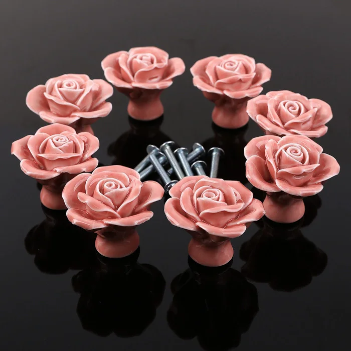 Pink Knobs Rose Flower handles pulls Dresser Knobs Ceramic Drawer Knobs