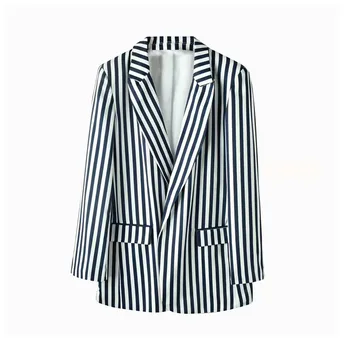 

Women elegant stylish striped blazer long sleeve pockets decorate female Office lady wear brand coats