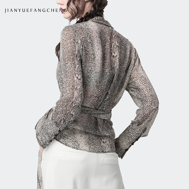 

2019 Fashion Snake Skin Spring Chiffon Blouse Women Shirt Deep V-Neck Lace-Up Open Slim Waist Thin Bottoms Office Ladies Tops